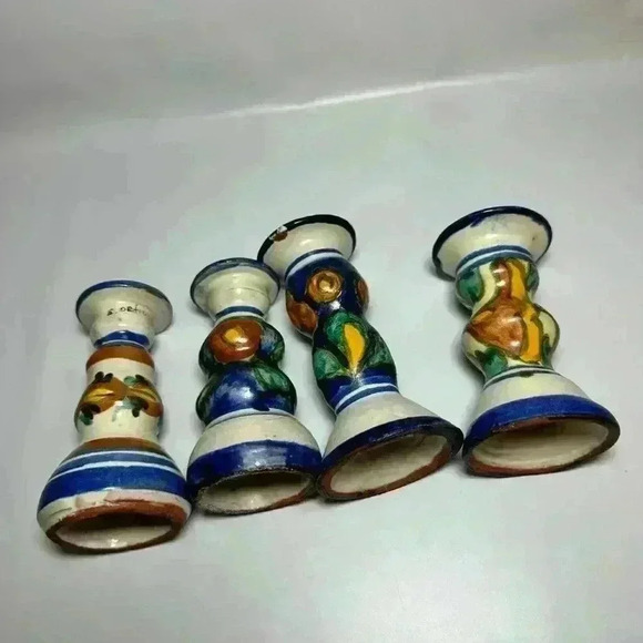 Hand-Painted E. Ortiz Mexican Pottery Candle Holders Mismatched Set Of 4 - Picture 10 of 12